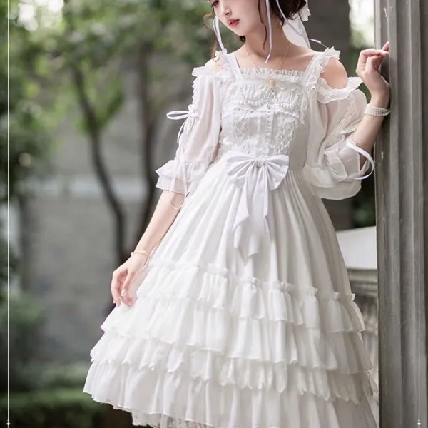 Японские Женские туфли «Sweet Lolita» АО платье викторианской эпохи Ренессанс, Элегантная блузка с бантом кружевным гофрированным воротником Чай Вечерние платья на свадьбу для девочек, платье принцессы