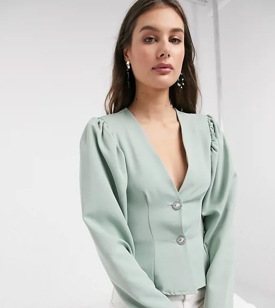 Шалфейно-зеленая блузка с пуговицами-стразами ASOS DESIGN Tall-Бесцветный