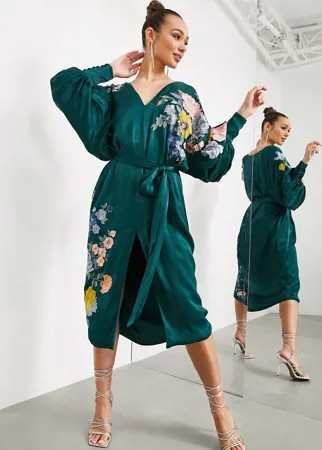 Зеленое атласное платье миди с поясом и цветочной вышивкой ASOS EDITION-Зеленый цвет
