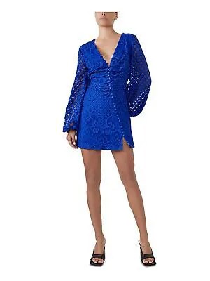 Женское синее коктейльное мини-платье BARDOT с пуговицами и пышными рукавами 12