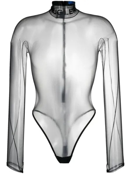 Mugler прозрачное боди с тисненым логотипом, черный