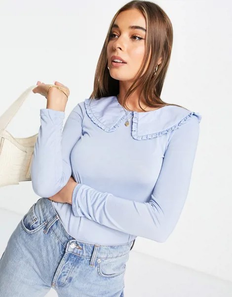 Голубой лонгслив с широким воротником Pieces Fawn