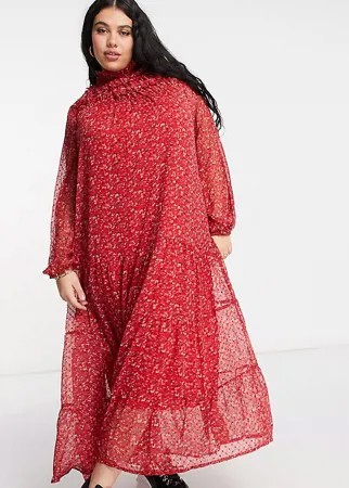 Свободное платье макси из ткани добби с присборенным воротником и цветочным принтом ASOS DESIGN Curve-Многоцветный