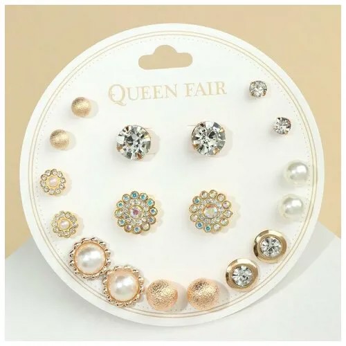 Серьги пусеты Queen Fair, стекло, пластик, белый, золотой