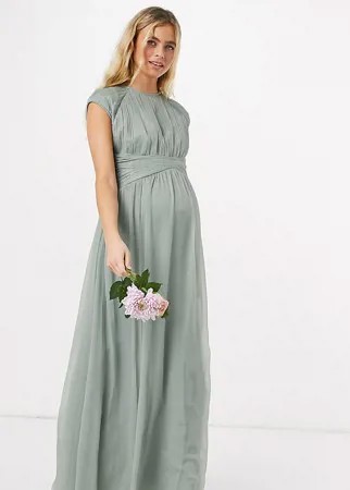 Оливковое платье макси со сборками на лифе и короткими рукавами ASOS DESIGN Maternity Bridesmaid-Зеленый цвет