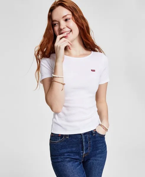 Женская футболка узкого кроя с логотипом в рубчик медового цвета Levi's, белый
