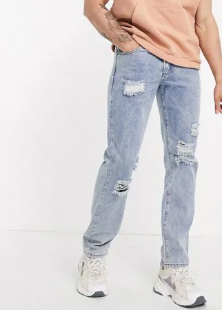 Прямые джинсы винтажного светлого оттенка с эффектом потертости от комплекта Liquor N Poker-Голубой