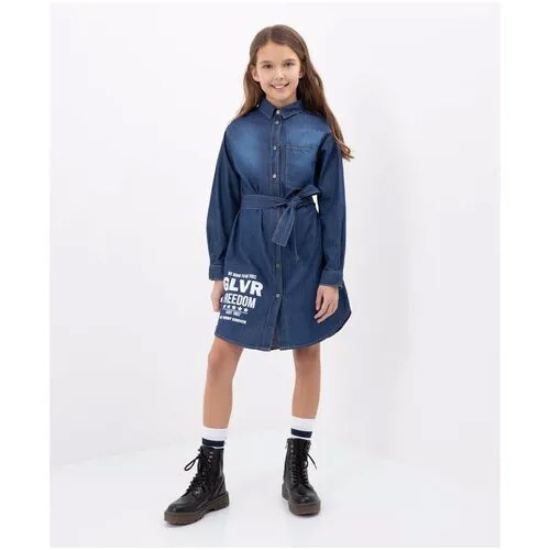 Джинсовое платье-рубашка с шрифтовым принтом синее Gulliver, цвет синий, размер 164