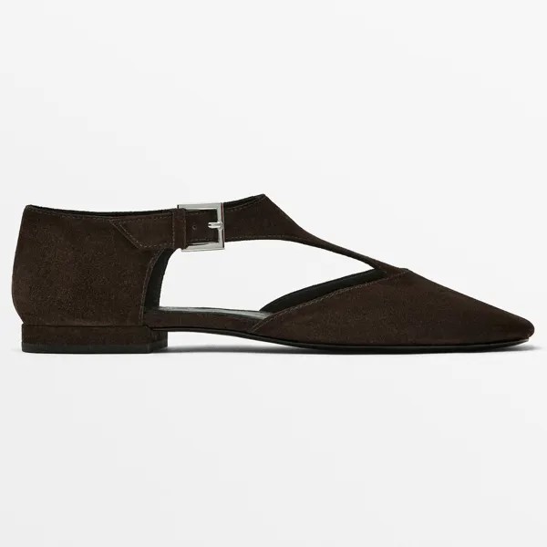 Туфли Massimo Dutti Split Suede Flat With Instep Piece, коричневый