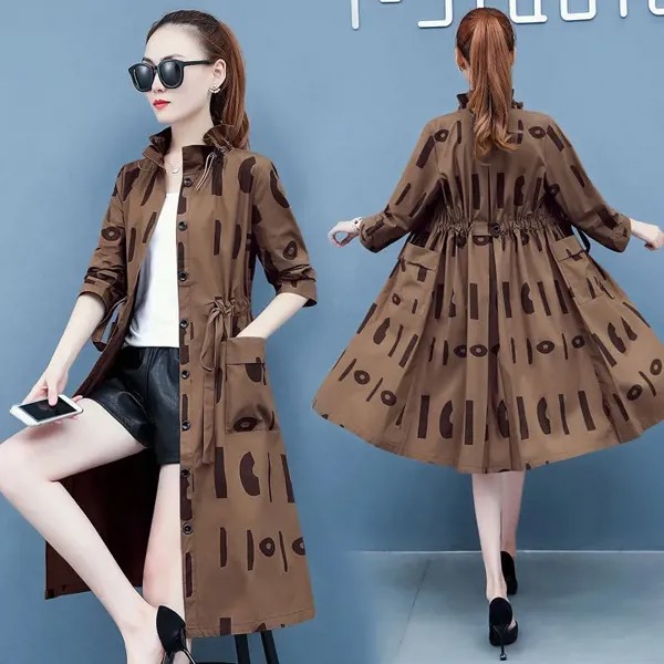 Демисезонная популярная тонкая женская ветровка, корейское Свободное пальто средней длины с принтом, Женская куртка, верхняя одежда, Женское пальто