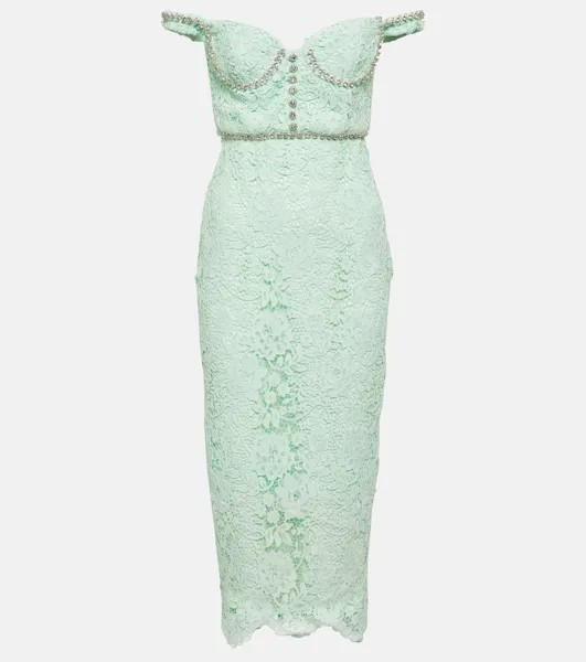 Украшенное кружевное платье миди SELF-PORTRAIT, зеленый