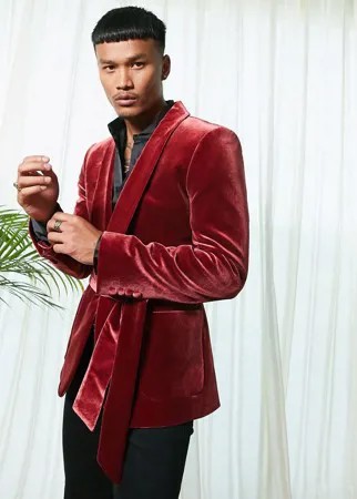 Бордовый приталенный бархатный пиджак ASOS DESIGN-Красный