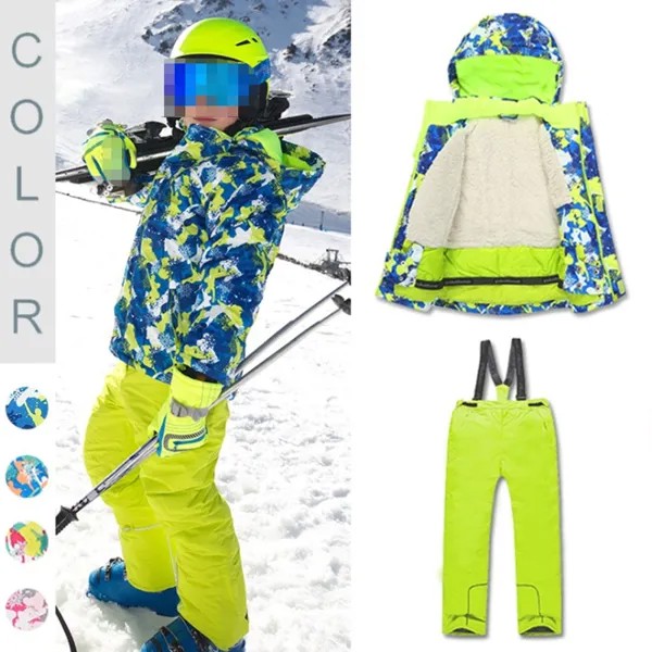 Детский лыжный костюм, зимняя куртка для сноуборда + зимние штаны для детей, ветрозащитные водонепроницаемые лыжные штаны, пальто, утепленн...