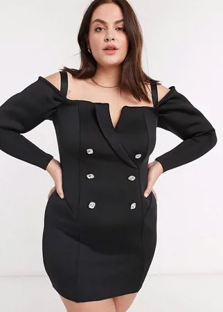 Черное платье мини с открытыми плечами и декорированными пуговицами ASOS DESIGN Curve-Черный
