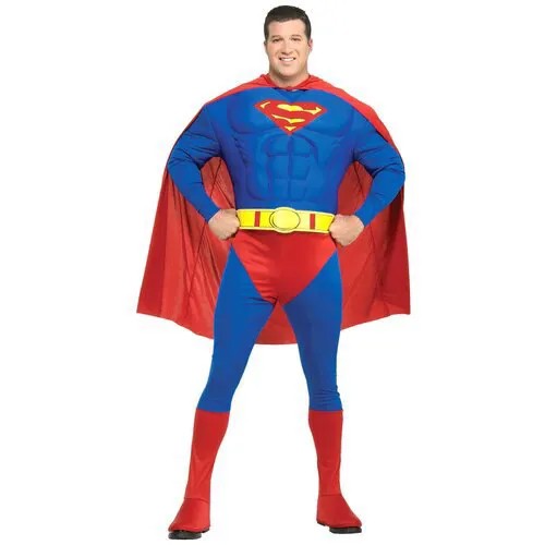 Костюм мускулистый Супермен Deluxe взрослый Rubie's Plus (56-58) (комбинезон c грудными мышцами, плащ, пояс, имитация обуви)
