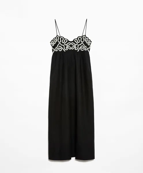 Платье Oysho Long Embroidered With Linen, черный