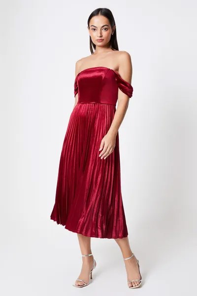 Бархатное плиссированное платье с драпировкой и рукавами-бардо Coast, красный