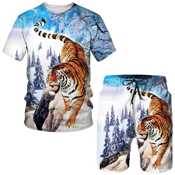 Летний тигр 3D-печатная мужская футболка шорты костюм беговой дорожки прохладное животное шаблон пара наряды две части спортивная одежда комплект