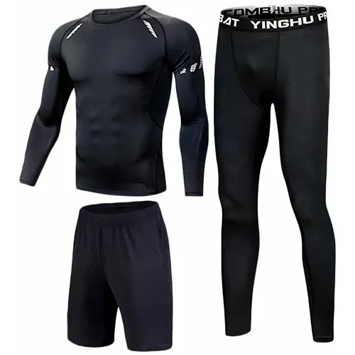 Рашгард мужской 3 в 1 Evo Action. Мужская спортивная одежда, черный комплект: футболка, шорты, штаны. Размер XL