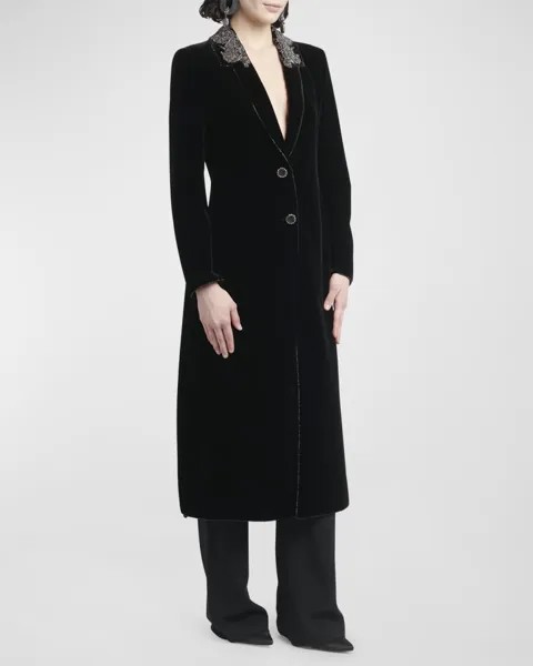 Макси-пальто из эластичного бархата с вышивкой стразами Giorgio Armani