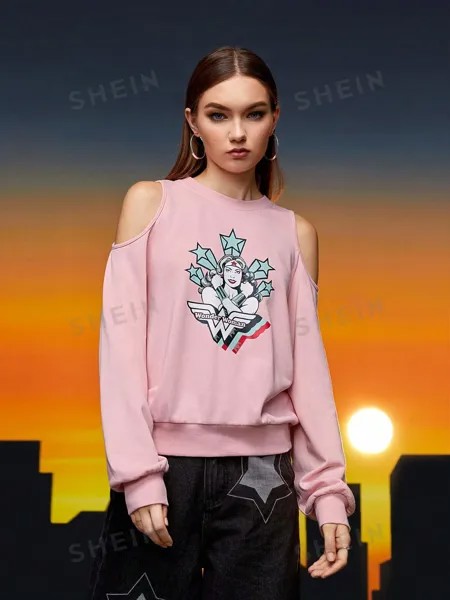 SHEIN Толстовка с открытыми плечами и принтом фигур и звезд, детский розовый