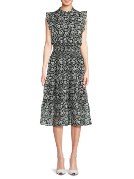 Платье миди с цветочным принтом и развевающимися рукавами Saks Fifth Avenue, цвет Dark Grey Multi