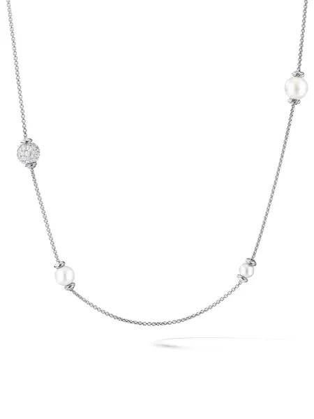 David Yurman 18kt white gold Solari Station long pearl and diamond necklace