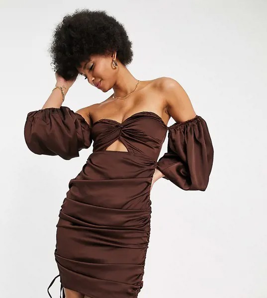 Шоколадно-коричневое платье с пышными рукавами и вырезом спереди Parisian Tall-Коричневый цвет