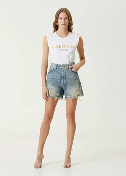 Джинсовые шорты с потертостями Balmain, синий