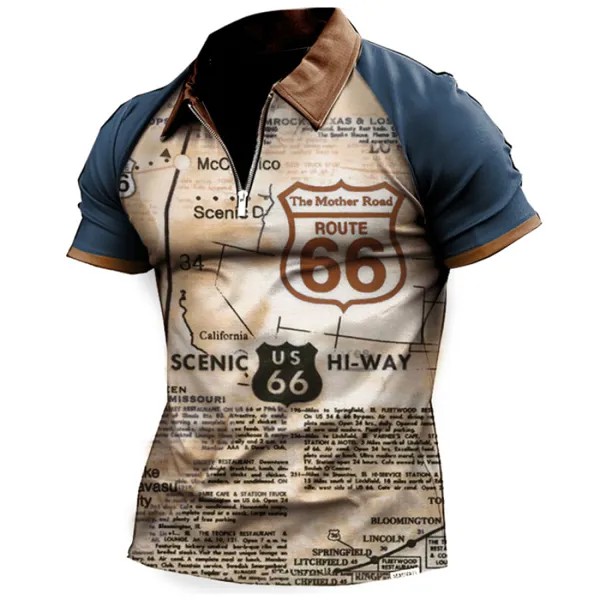 Мужская рубашка поло больших размеров Vintage Route 66 Wash Print Zip Stand Collar Top Polo Top