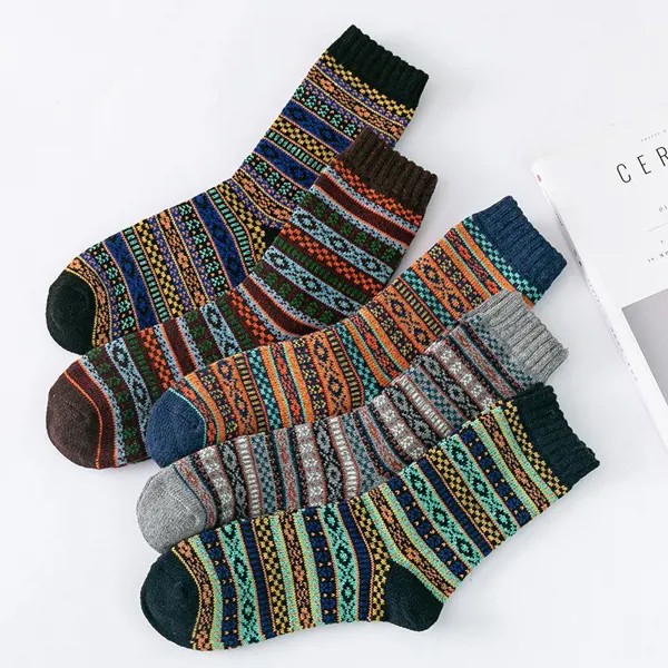 Мужчины Шерстяные носки 5 пар Высокое качество Бизнес Утолщить Мужские носки Зима Теплое Ретро Национальный Стиль Маленький Квадрат Для Снежных Сапог Новых
