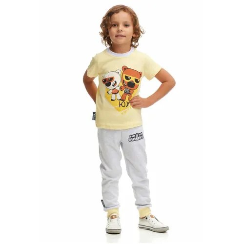 Пижама lucky child, брюки, футболка, манжеты, размер 30 (104-110), серый, желтый