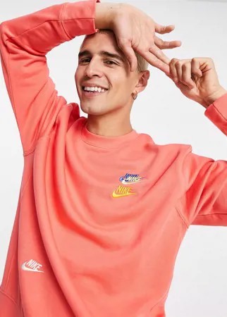 Коралловый флисовый свитшот с круглым вырезом и разноцветным логотипом Nike Essential-Оранжевый цвет