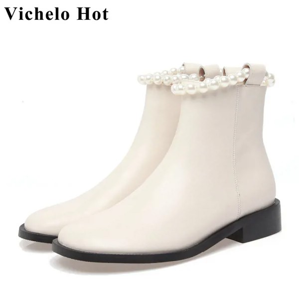 Лидер продаж, ботинки челси Vichelo, красивые женские зимние кожаные ботильоны из натуральной кожи с круглым носком, кристаллами, жемчужинами, на низком каблуке, корейские ботинки для девушек l85