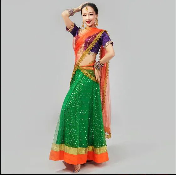 Индийский тренировочный костюм для выступлений из 3-х предметов, топ, юбка-качели и Фата для женщин