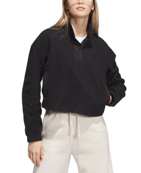 Женский флисовый пуловер на четверть кнопки adidas, черный
