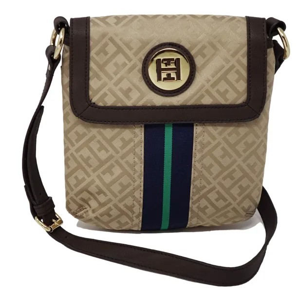НОВАЯ женская маленькая сумочка через плечо Tommy Hilfiger, бежевая, зеленая полоска с логотипом