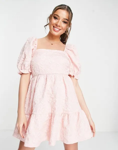 Розовое ярусное платье мини из жаккарда с пышными рукавами Miss Selfridge