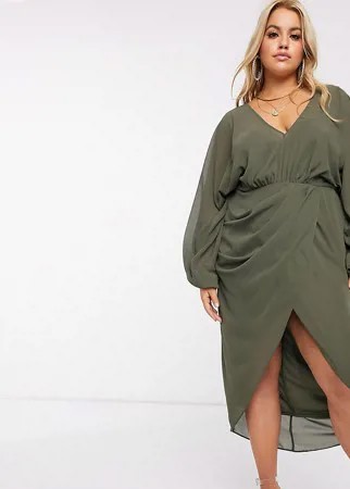 Платье миди с глубоким вырезом и пышными рукавами на манжете ASOS DESIGN Curve-Зеленый