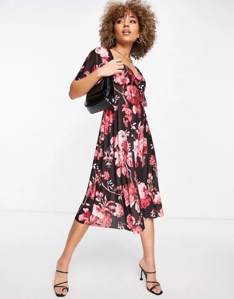 Плиссированное платье миди с короткими рукавами, розовым цветочным принтом и перекрученной отделкой на спине ASOS DESIGN-Разноцветный