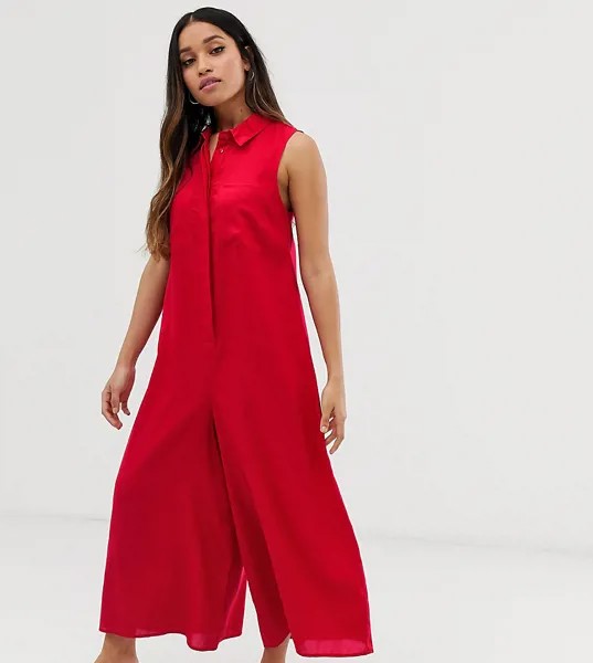 Повседневный комбинезон-кюлоты с отделкой в стиле рубашки ASOS DESIGN Petite-Красный