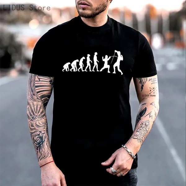 Футболка с изображением фехтования, футболка с изображением эволюции меча, свободная летняя футболка с изображением Великобритании, P, Evolve Of Man, белый, простой мультяшный стиль