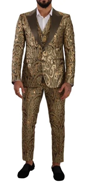 DOLCE - GABBANA Костюм из золотой парчи, тонкий однобортный костюм из трех предметов EU48/US38/M $4000