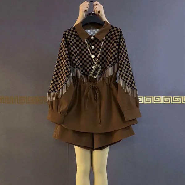 Корейский клетчатый принт кисточки комбинированная блузка для женщин повседневный Универсальный костюм с шортами модная женская одежда комплект из двух предметов 2022