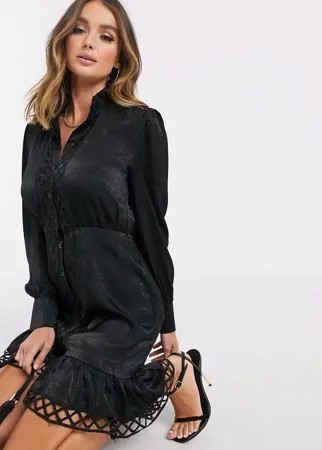 Черное атласное платье-рубашка с кружевной отделкой Missguided-Черный