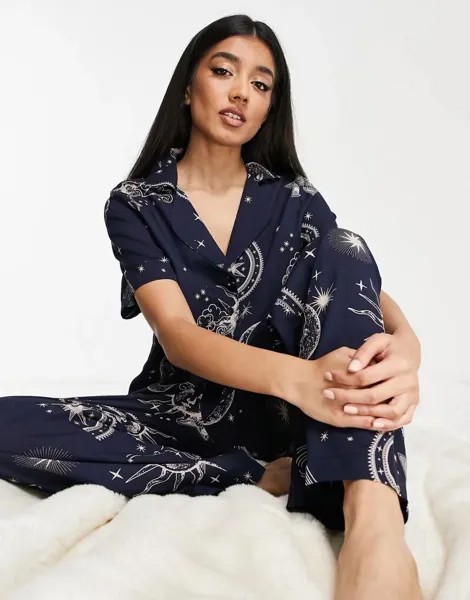 Темно-синяя пижама из модала с гороскопическим принтом ASOS и брюки