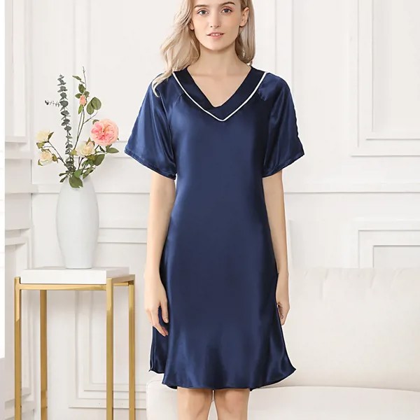 100% Шелковая атласная ночная рубашка с V-образным вырезом Женская ночная рубашка приталенная Элегантная Дамская Ночная сорочка одежда для сна sp0119