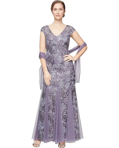 Платье Alex Evenings Long Embroidered Fit-and-Flare with Godet Detail Skirt and Shawl, цвет Icy Orchid