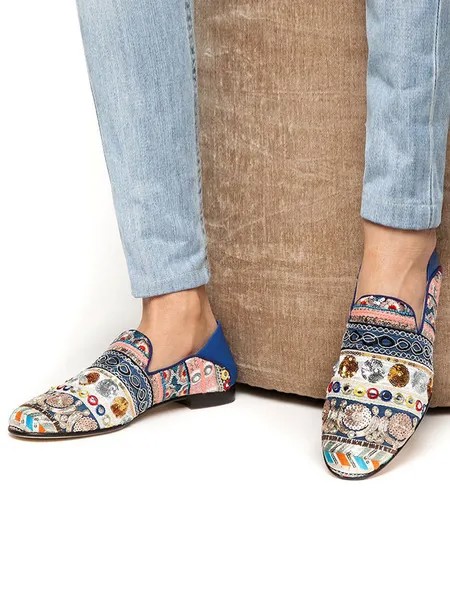 Milanoo Mens Blue Slip On Loafers Ethnic Embroidered Round Toe Casual Shoes