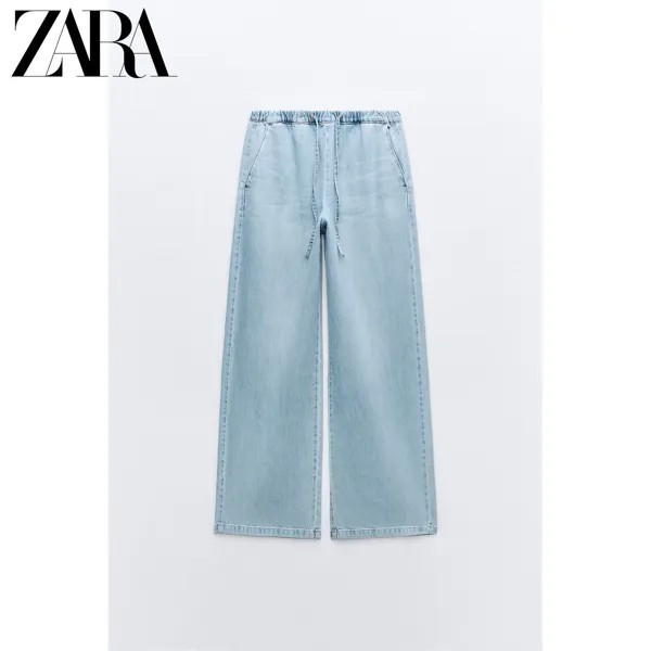 Zara новая весенняя женская одежда Z1975 свободные спортивные штаны с высокой талией 5862059 406, цвет светло-синий